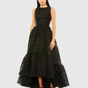 Black Sleeveless High Low Brocade Gown
