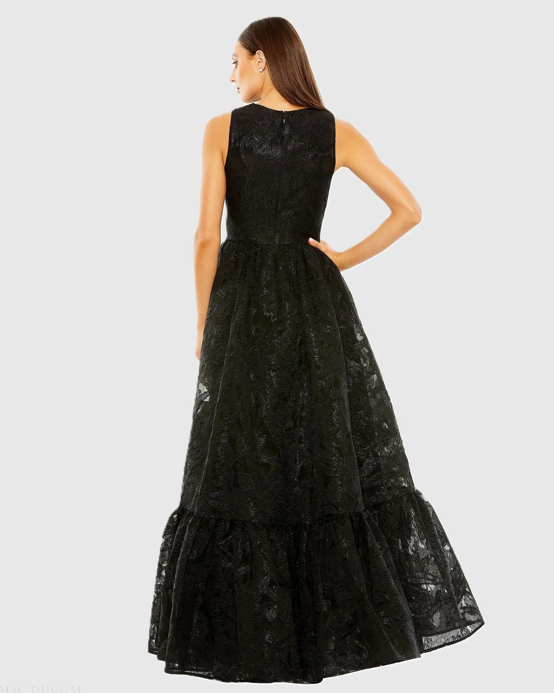 Black Sleeveless High Low Brocade Gown - Image 3