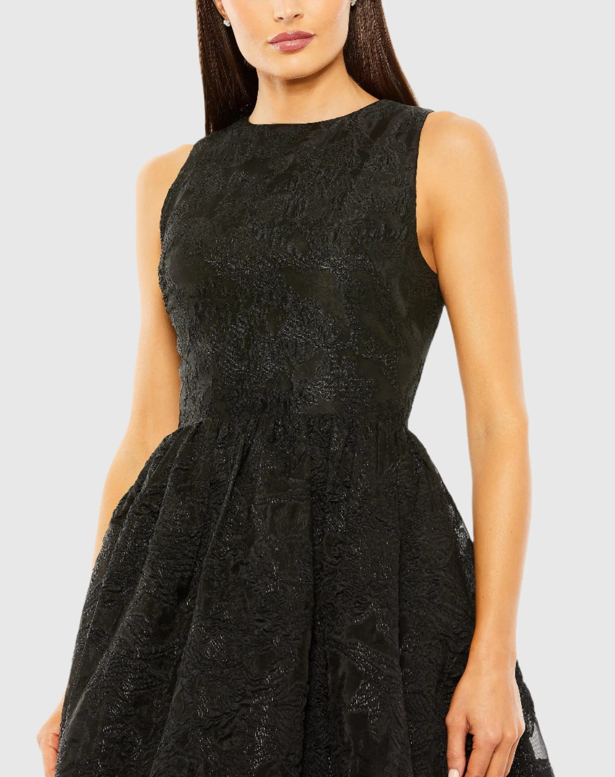 Black Sleeveless High Low Brocade Gown - Image 2