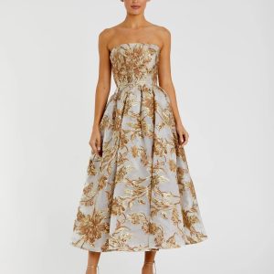 Gold Strapless Brocade Midi Dress with Pockets