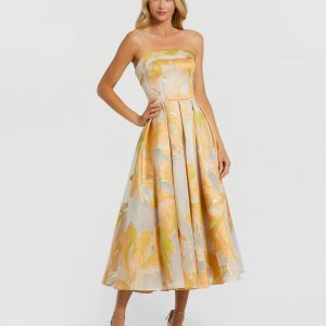 Beige and Orange Strapless Brocade Midi Dress with Pockets