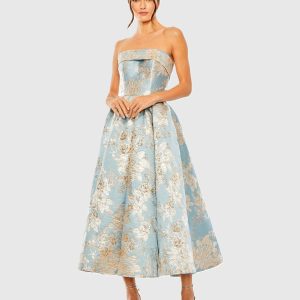 Light Blue Strapless Brocade Midi Dress With Pockets