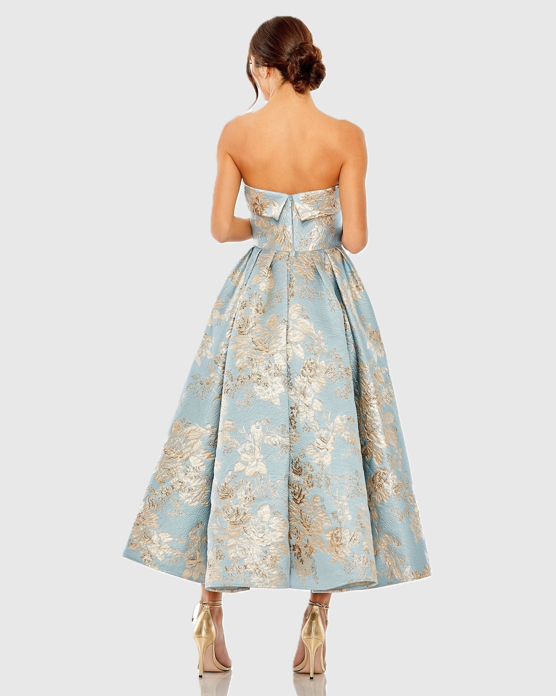 Light Blue Strapless Brocade Midi Dress With Pockets - Image 3