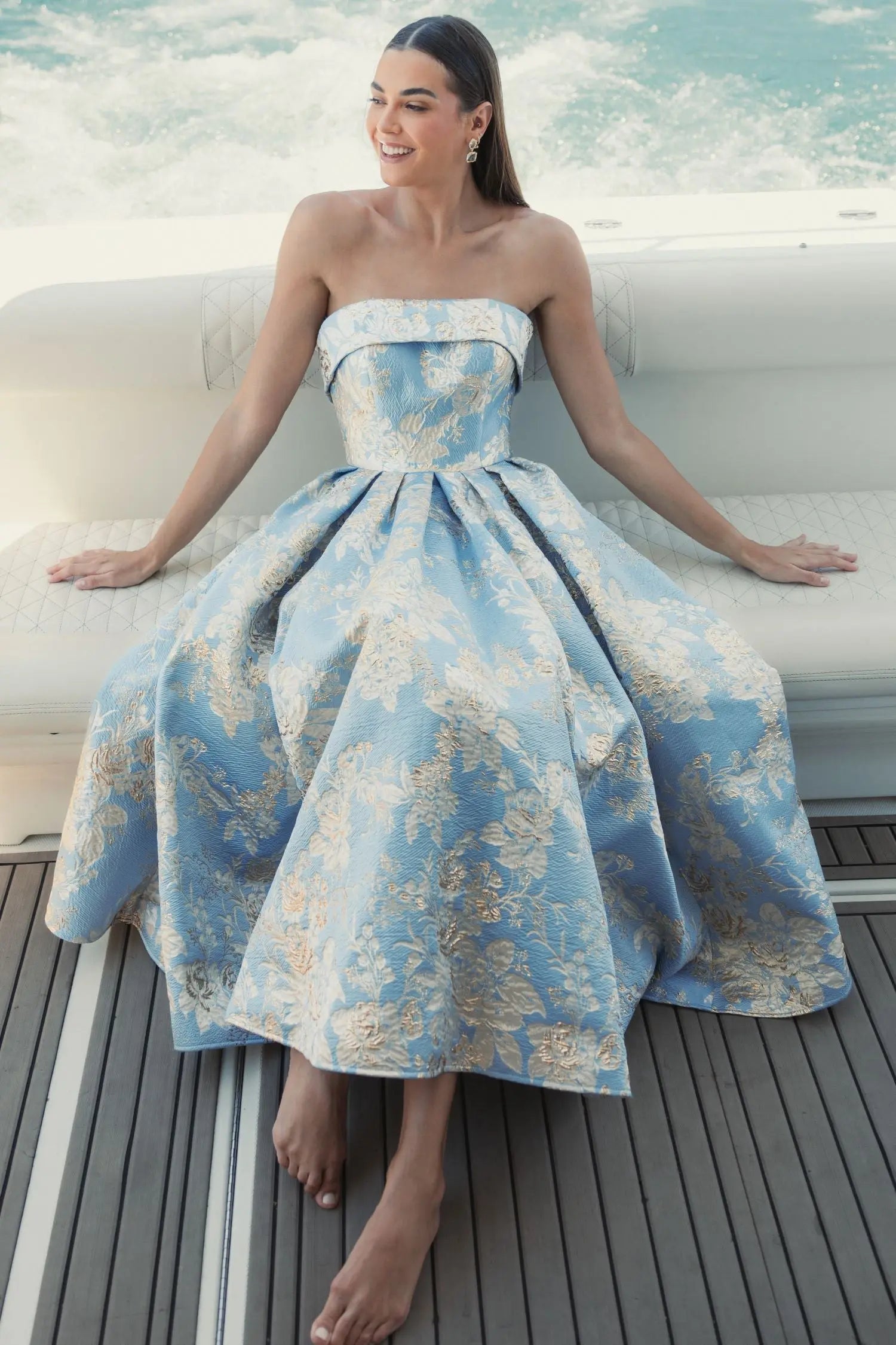 Light Blue Strapless Brocade Midi Dress With Pockets - Image 5