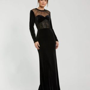 Black Long Sleeve Sheer Top Lace Bustier Velvet Gown