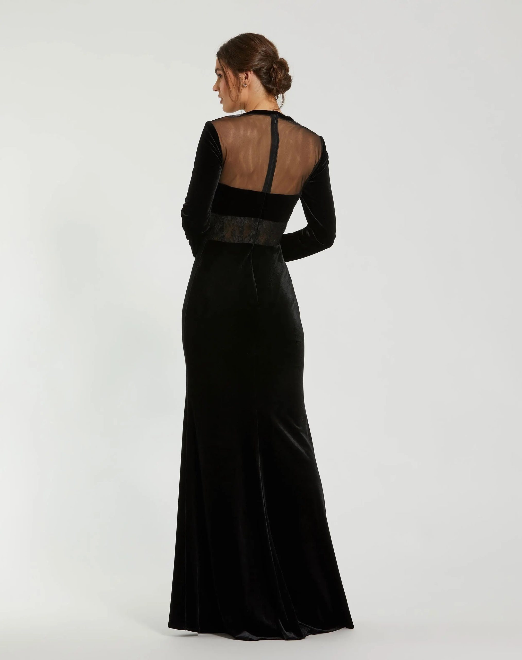 Black Long Sleeve Sheer Top Lace Bustier Velvet Gown - Image 3