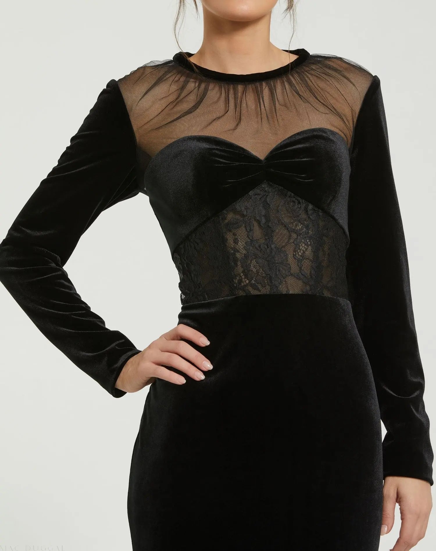 Black Long Sleeve Sheer Top Lace Bustier Velvet Gown - Image 2