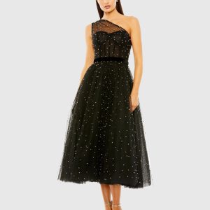 Black One Shoulder Pearl Beaded Midi Ball Gown