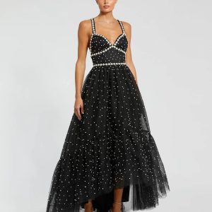 Black Pearl Beaded High Low Gown