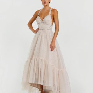 Light Pink Pearl Beaded High Low Gown