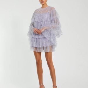 Purple Embellished High Neck Ruffle Mini Dress