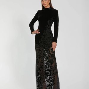 Black Long Sleeve Sheer Floral Embroidered Velvet Gown