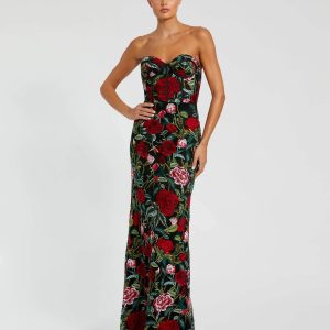Black Sheer Bustier Top Floral Applique Gown