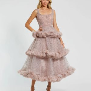 Pink Sleeveless Dot Net Ruffle Dress