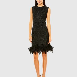 Black Shift Dress with Feather Trim