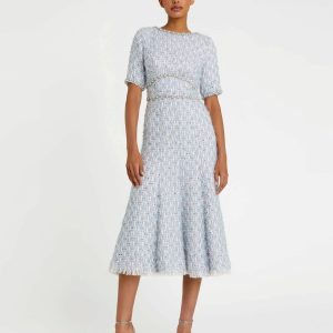 Blue Short Sleeve Beaded Trim Boucle Midi Dress