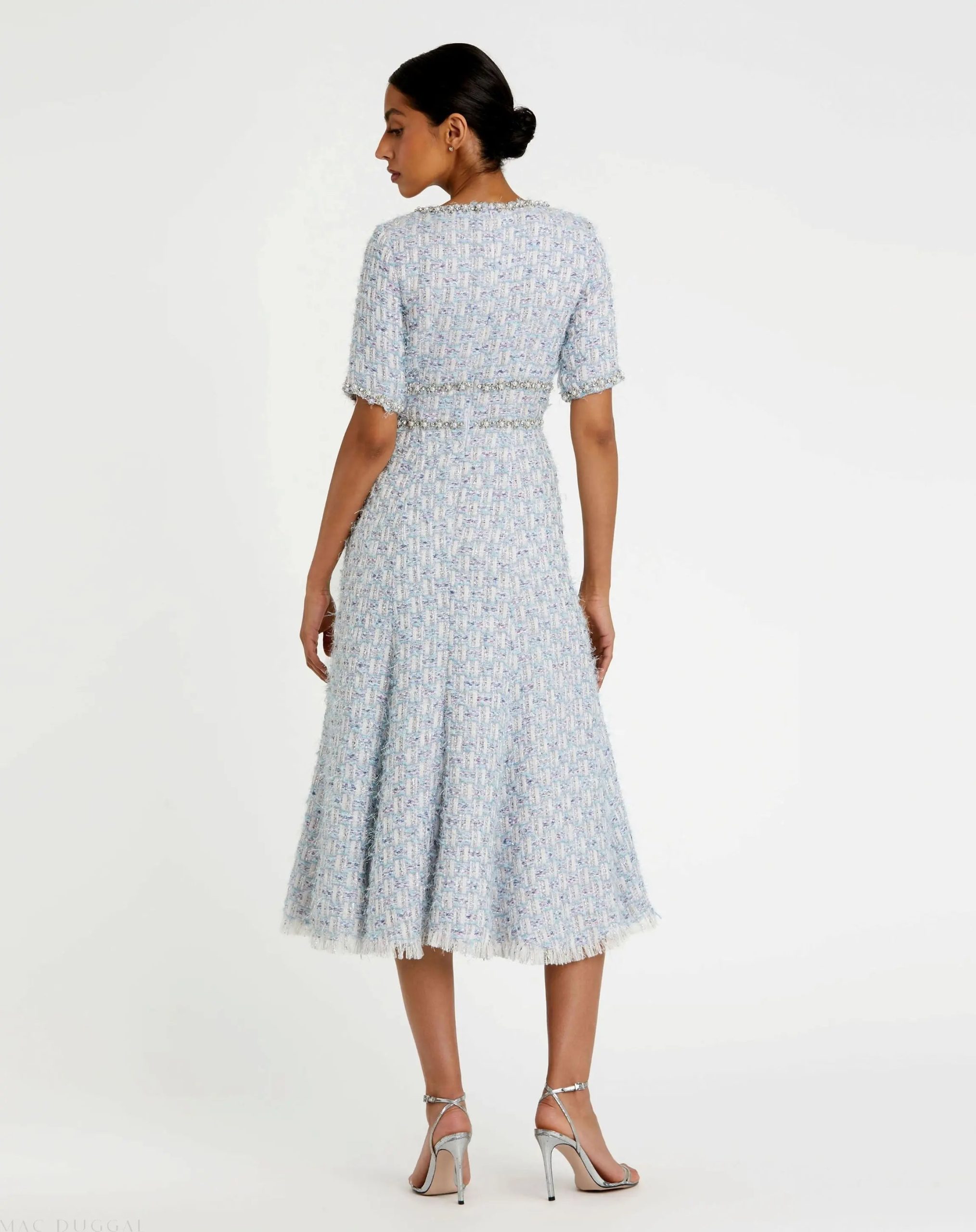 Blue Short Sleeve Beaded Trim Boucle Midi Dress - Image 3