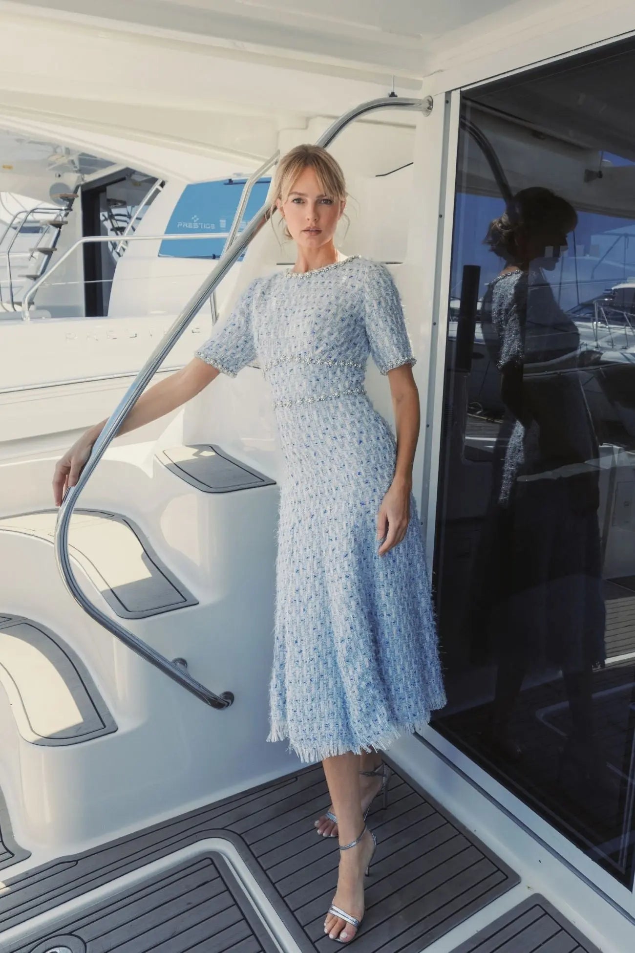 Blue Short Sleeve Beaded Trim Boucle Midi Dress - Image 4