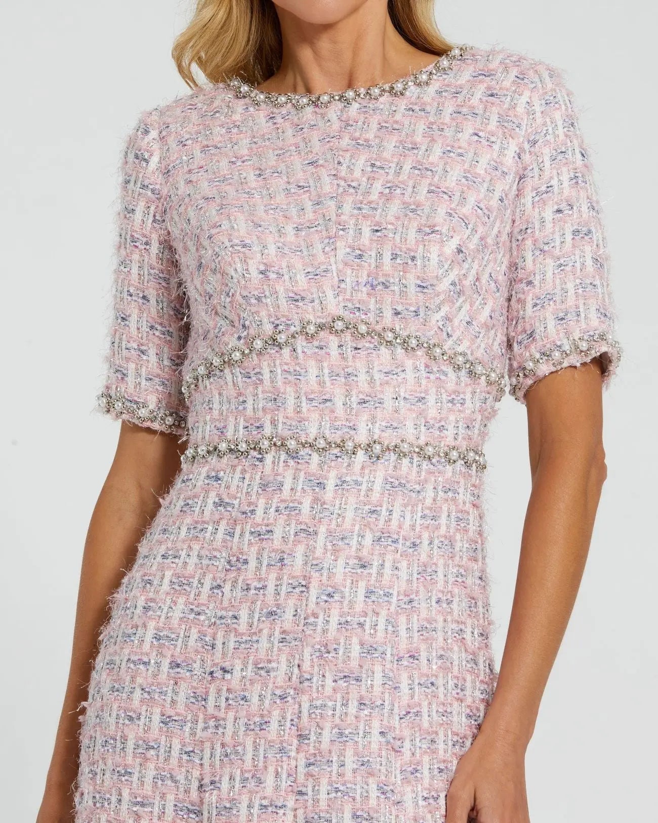 Pink Short Sleeve Beaded Trim Boucle Midi Dress - Image 2
