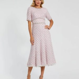 Pink Short Sleeve Beaded Trim Boucle Midi Dress
