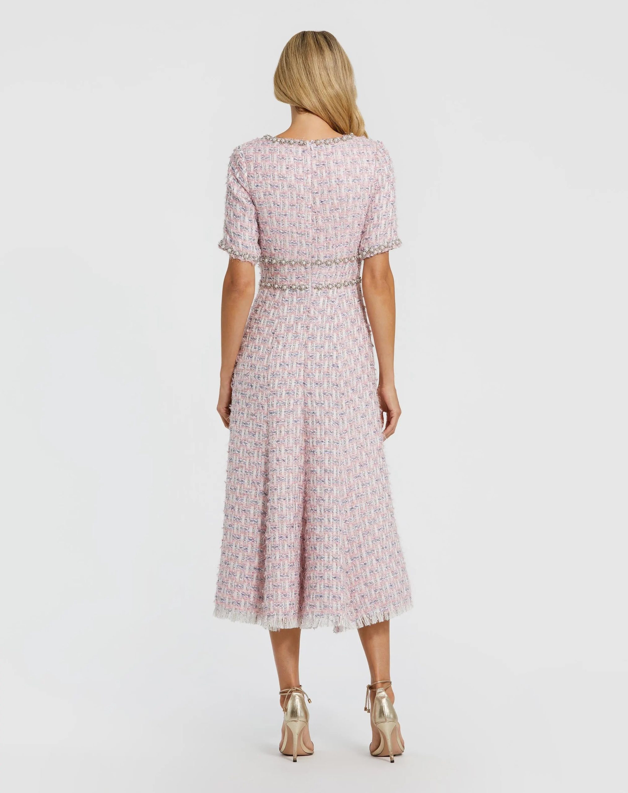 Pink Short Sleeve Beaded Trim Boucle Midi Dress - Image 3