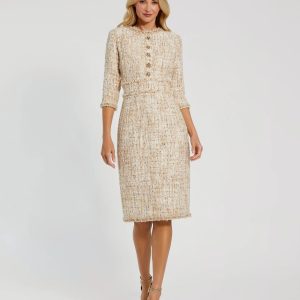 Beige Beaded Trim Boucle Midi Dress with 3/4 Sleeves