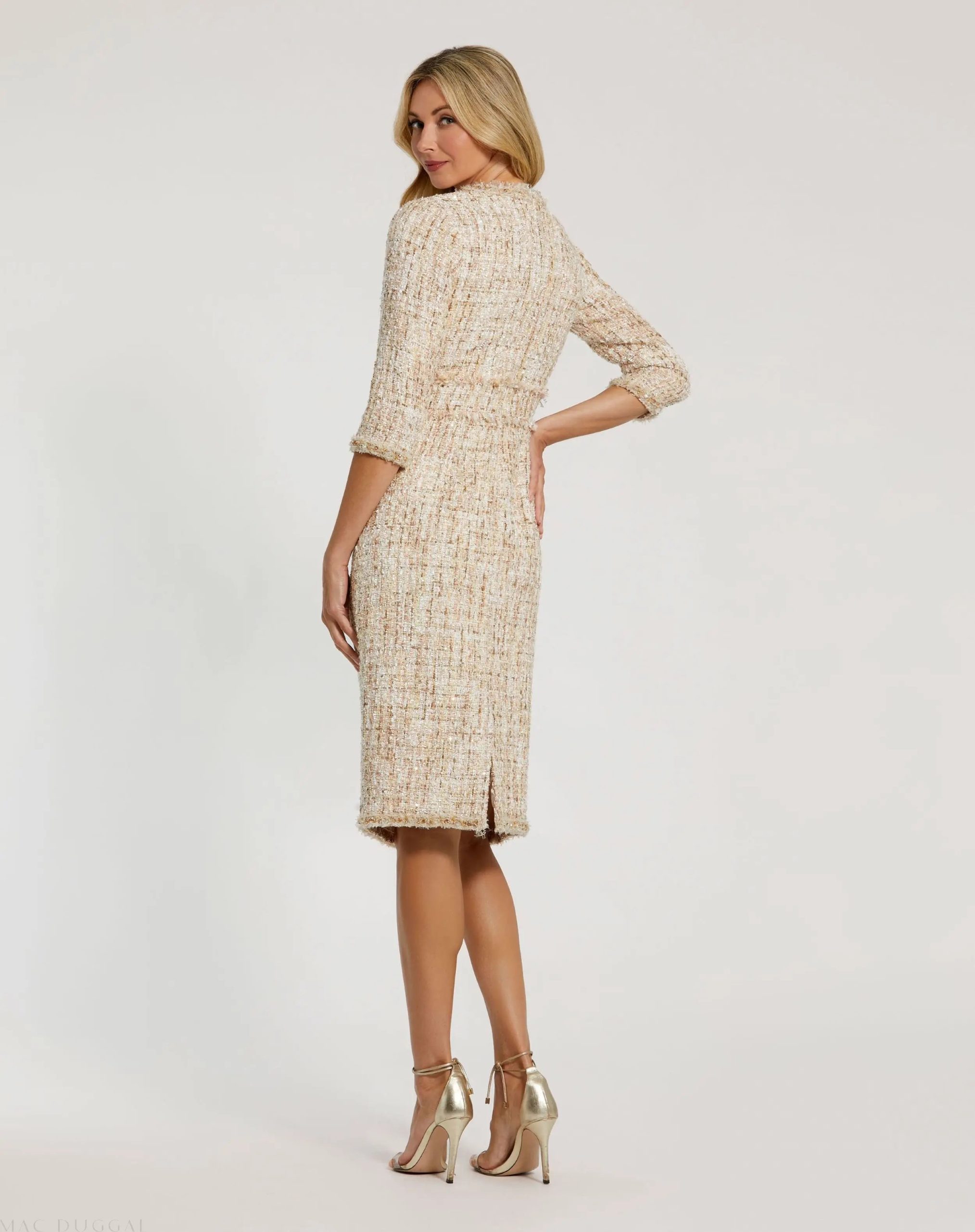 Beige Beaded Trim Boucle Midi Dress with 3/4 Sleeves - Image 4