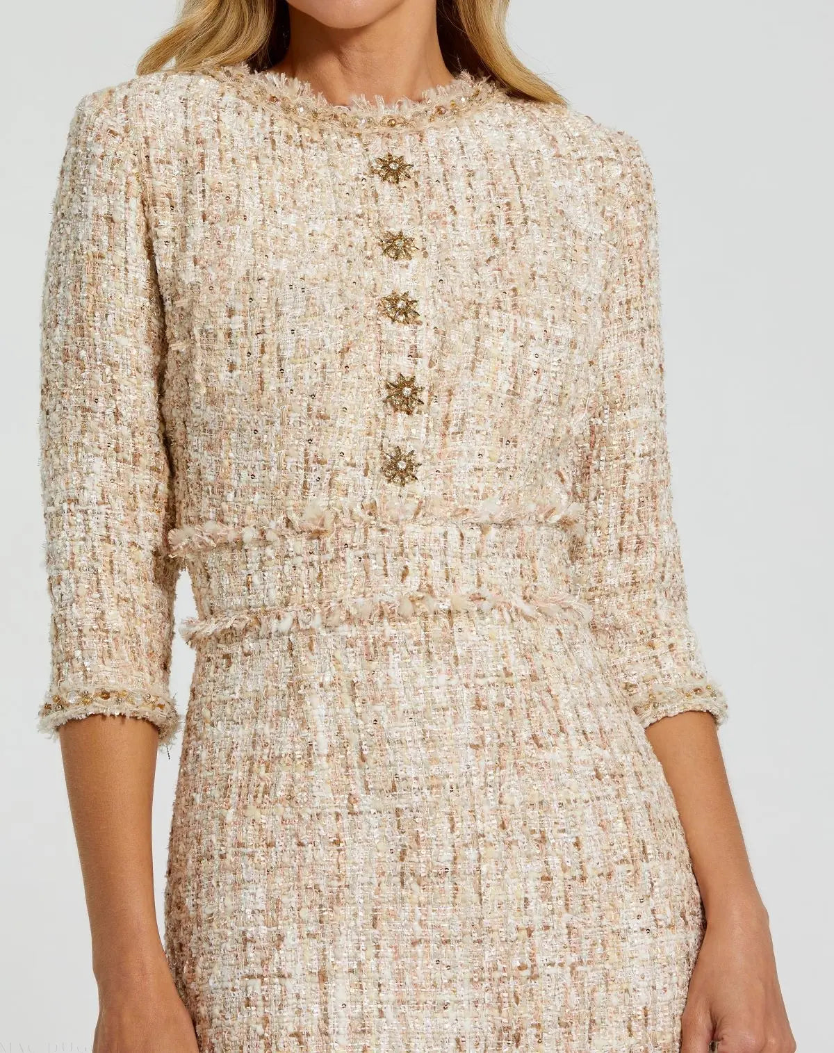 Beige Beaded Trim Boucle Midi Dress with 3/4 Sleeves - Image 3