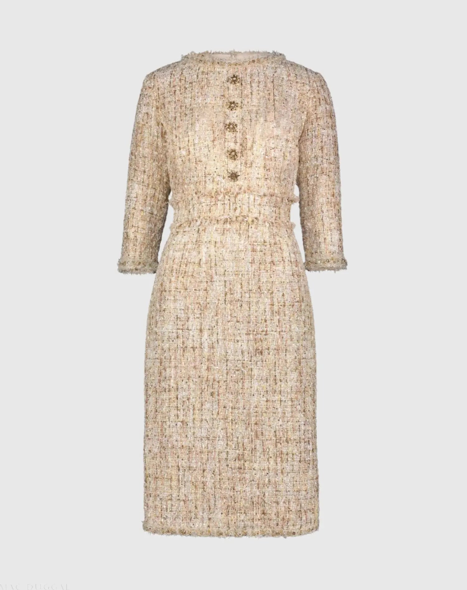Beige Beaded Trim Boucle Midi Dress with 3/4 Sleeves - Image 2