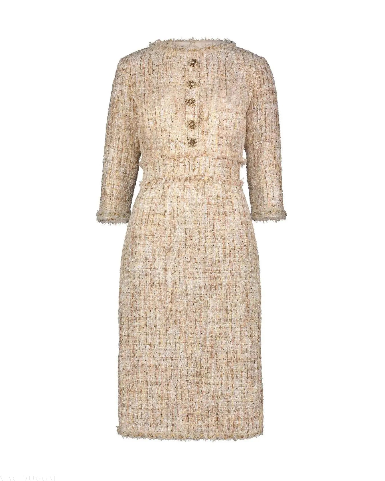 Beige Beaded Trim Boucle Midi Dress with 3/4 Sleeves - Image 5