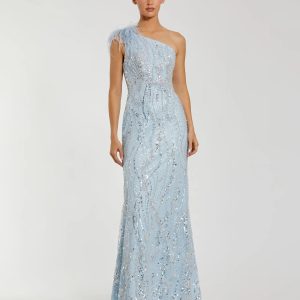 Blue Feathered One Shoulder Embellished Applique Gown