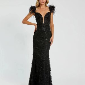 Black Sheer Applique Bustier Gown with Feather Straps