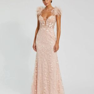Pink Sheer Applique Bustier Gown with Feather Straps