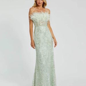 Green Strapless Feather Bustier Gown with Embroidery
