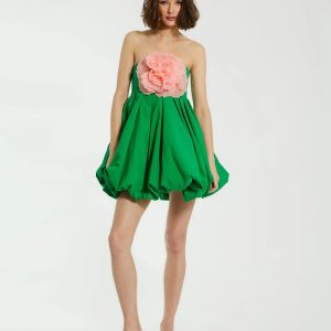 Green Strapless Faille Mini Dress With 3D Flower