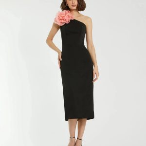 Black Crepe One Shoulder Midi Dress With Flower