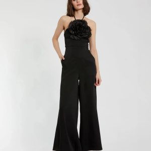 Black Crepe Halter Neck Jumpsuit With Flower
