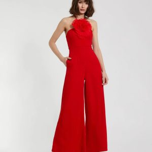 Red Halter Neck Crepe Jumpsuit With Flower