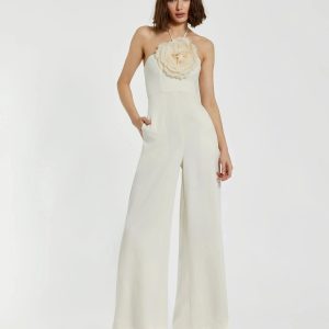 Ivory Halter Neck Crepe Jumpsuit With 3D Flower