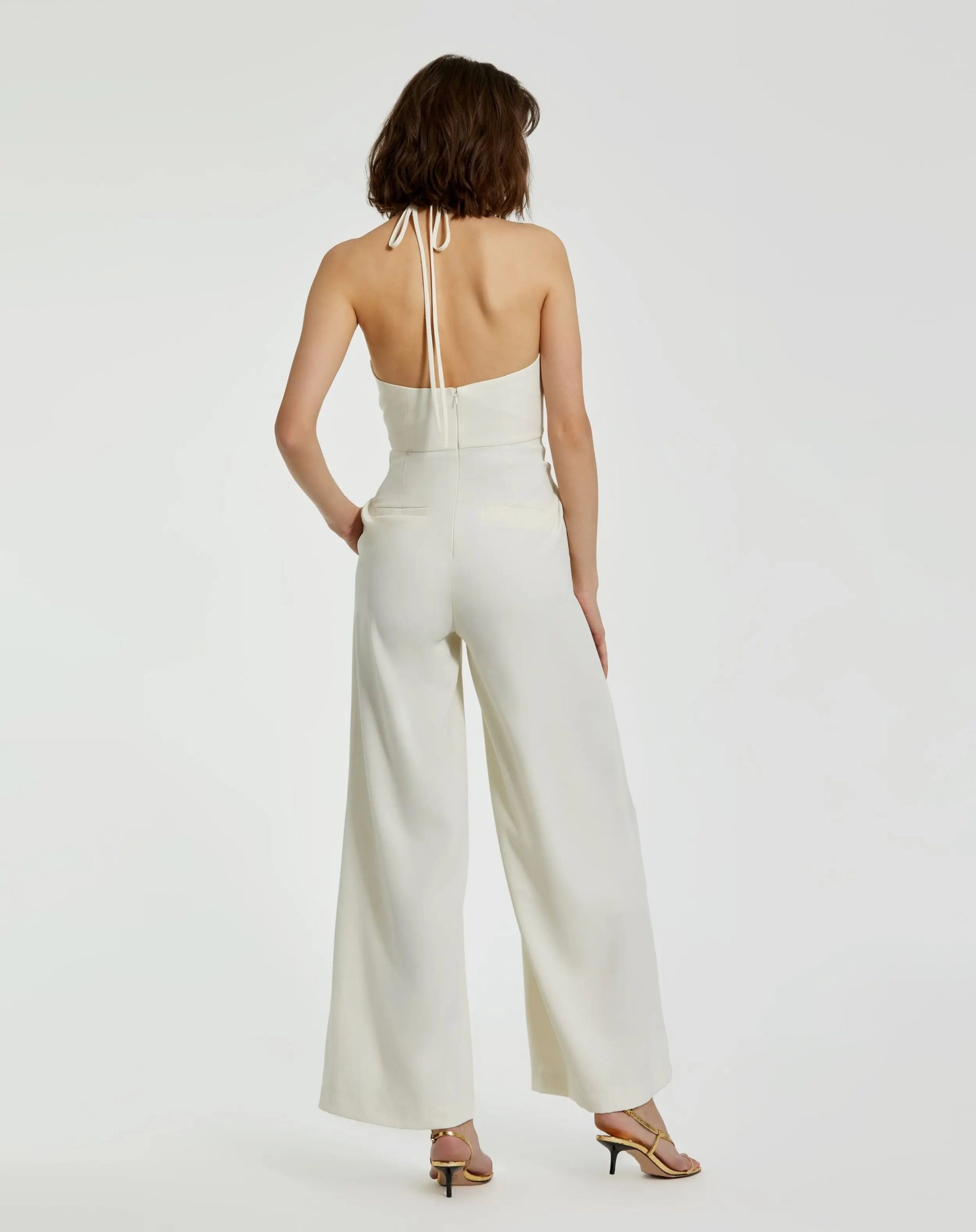 Ivory Halter Neck Crepe Jumpsuit With 3D Flower - Image 4