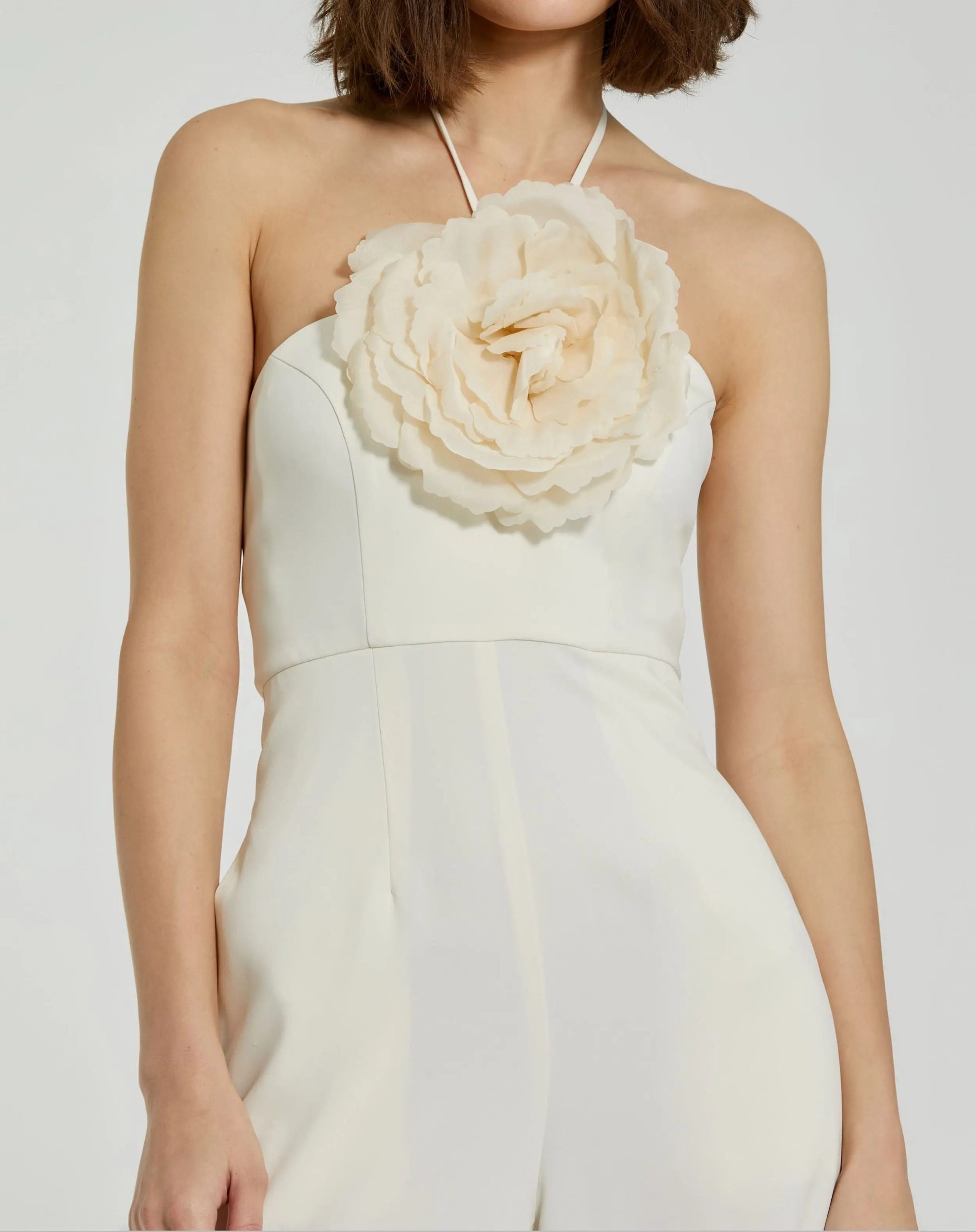 Ivory Halter Neck Crepe Jumpsuit With 3D Flower - Image 3