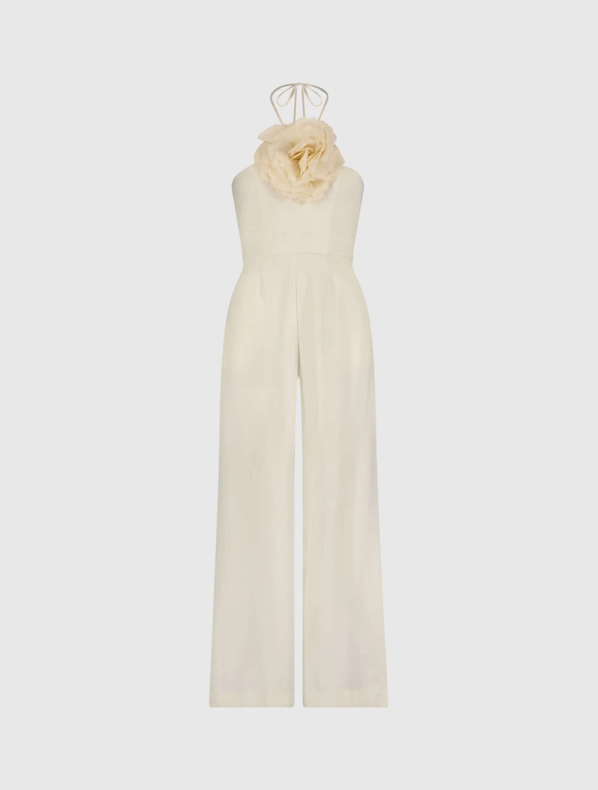 Ivory Halter Neck Crepe Jumpsuit With 3D Flower - Image 2
