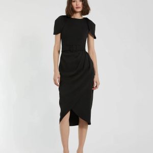 Black Crepe Boat Neck Midi Tulip Dress With Belt
