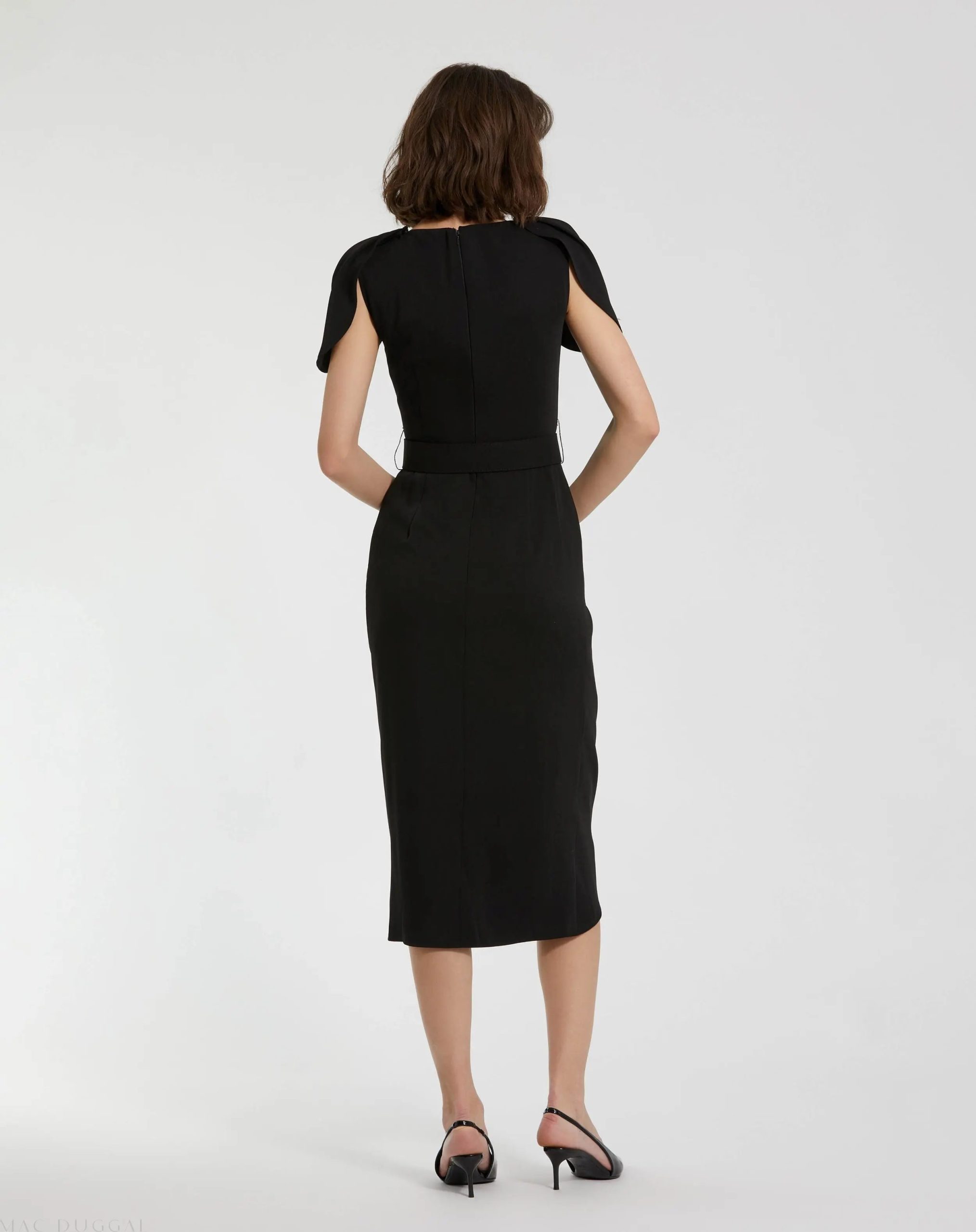 Black Crepe Boat Neck Midi Tulip Dress With Belt - Image 4