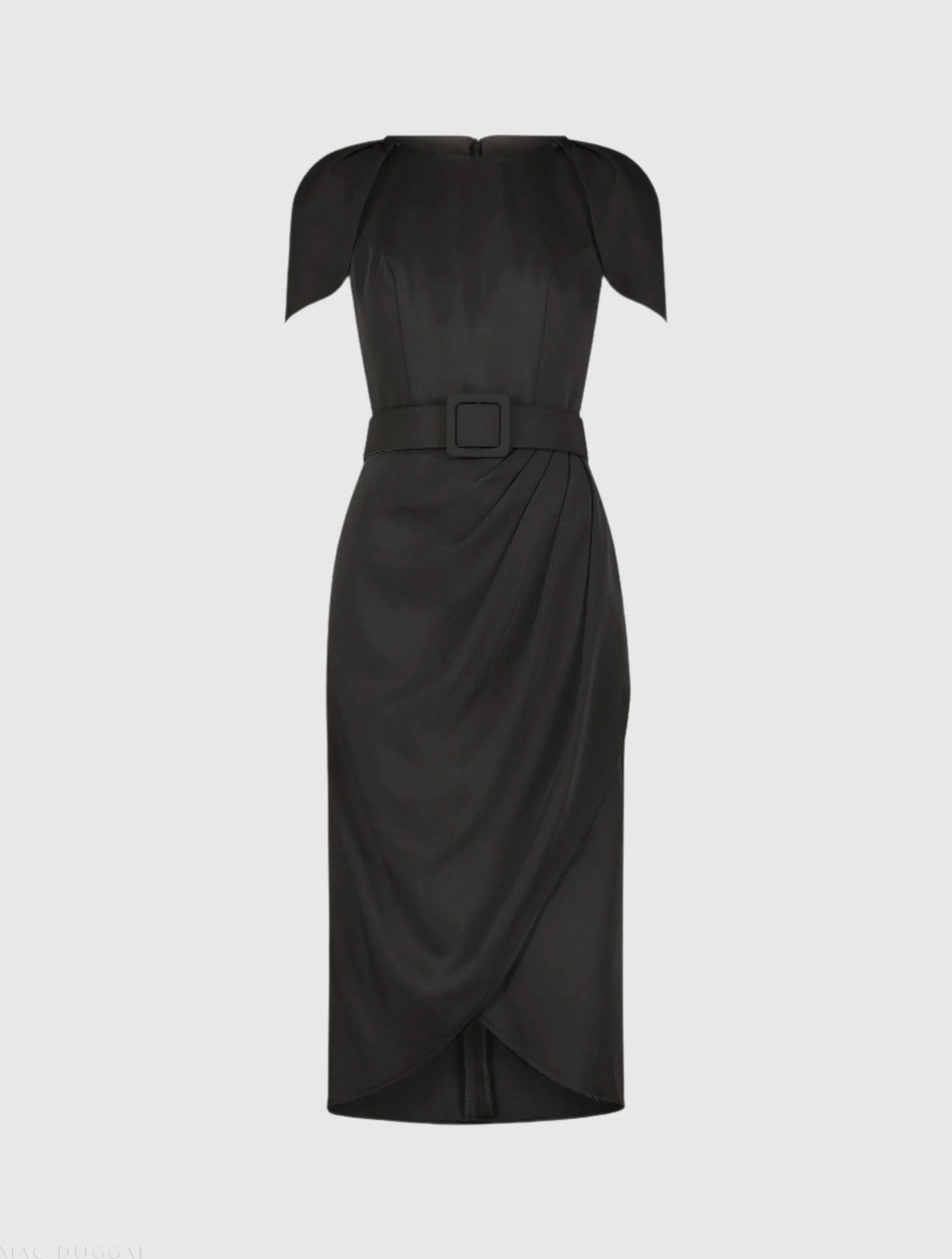 Black Crepe Boat Neck Midi Tulip Dress With Belt - Image 2