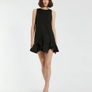 The Mia Black High Neck Sleeveless Crepe Mini Dress With Ruffle Hem