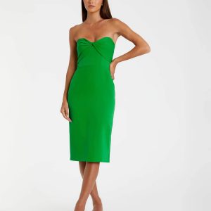 Green Crepe Strapless Twist Top Fitted Midi Dress