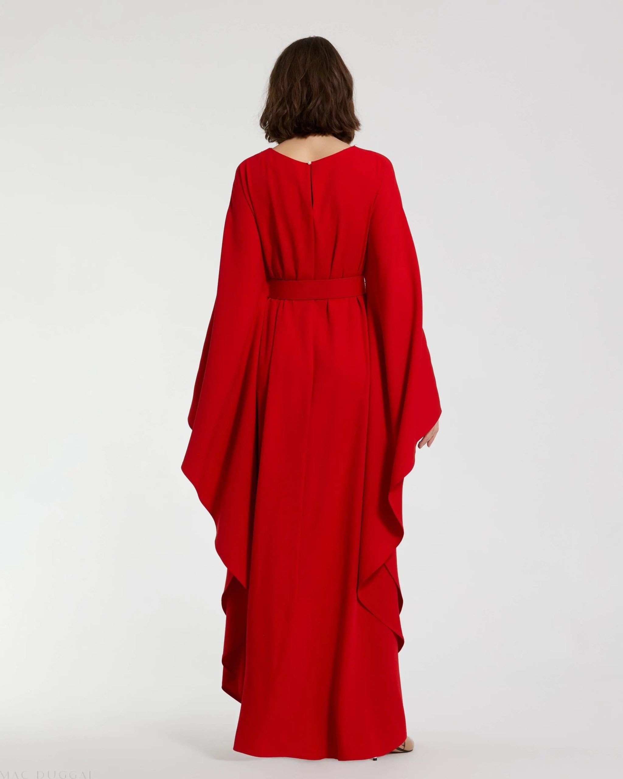 Red Crepe Boat Neck Kaftan Maxi Dress With Belt - Image 4
