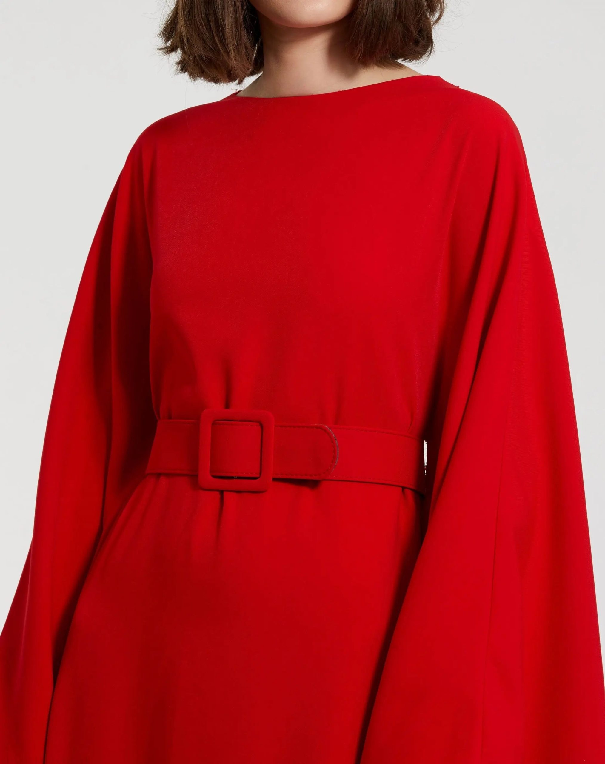Red Crepe Boat Neck Kaftan Maxi Dress With Belt - Image 3