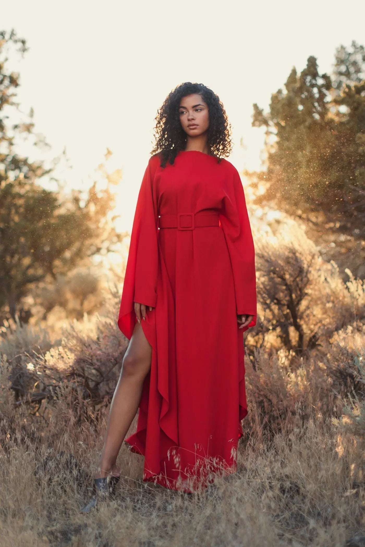 Red Crepe Boat Neck Kaftan Maxi Dress With Belt - Image 5